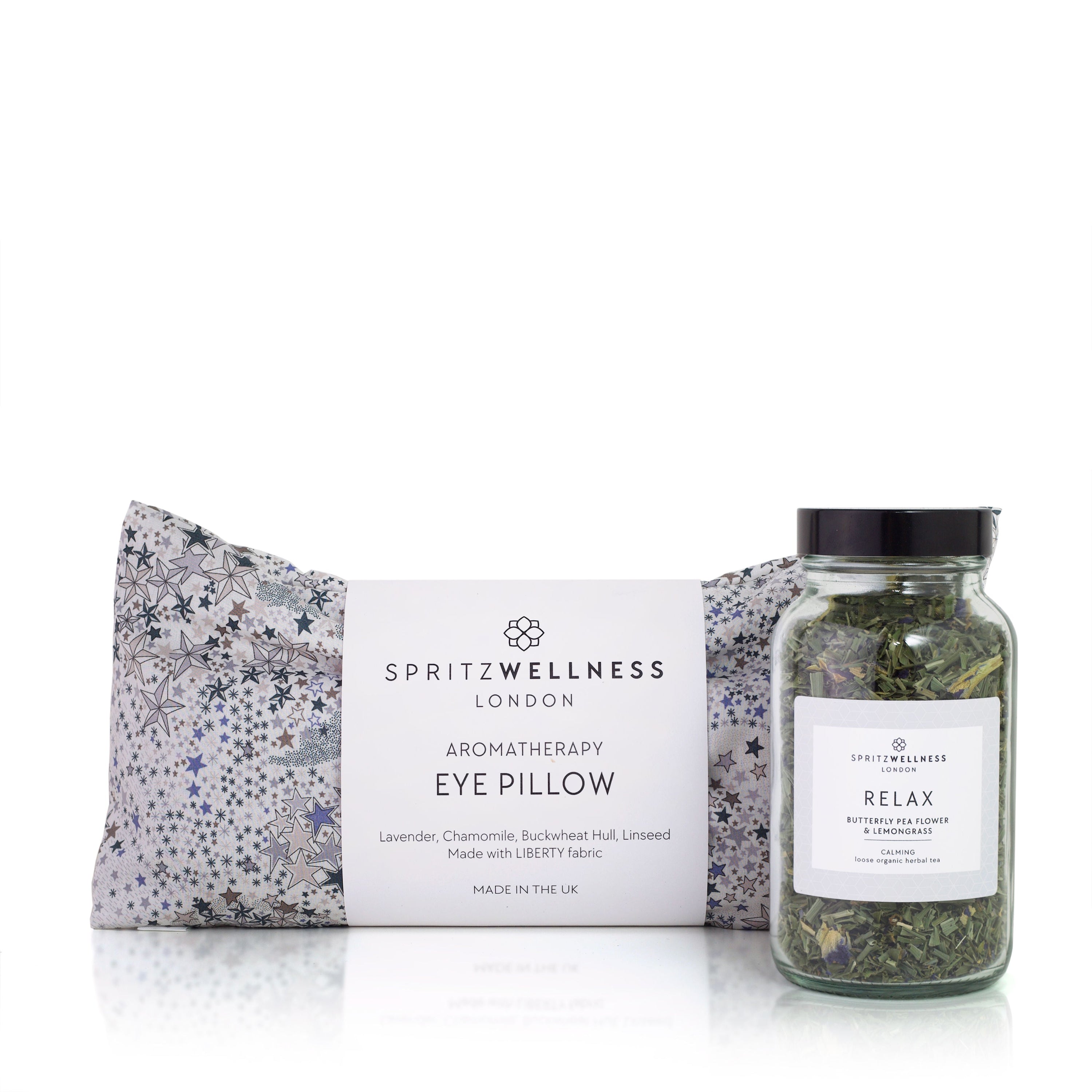 Spritzwellness London aromatherapy eye pillow and jar of herbs on a white background