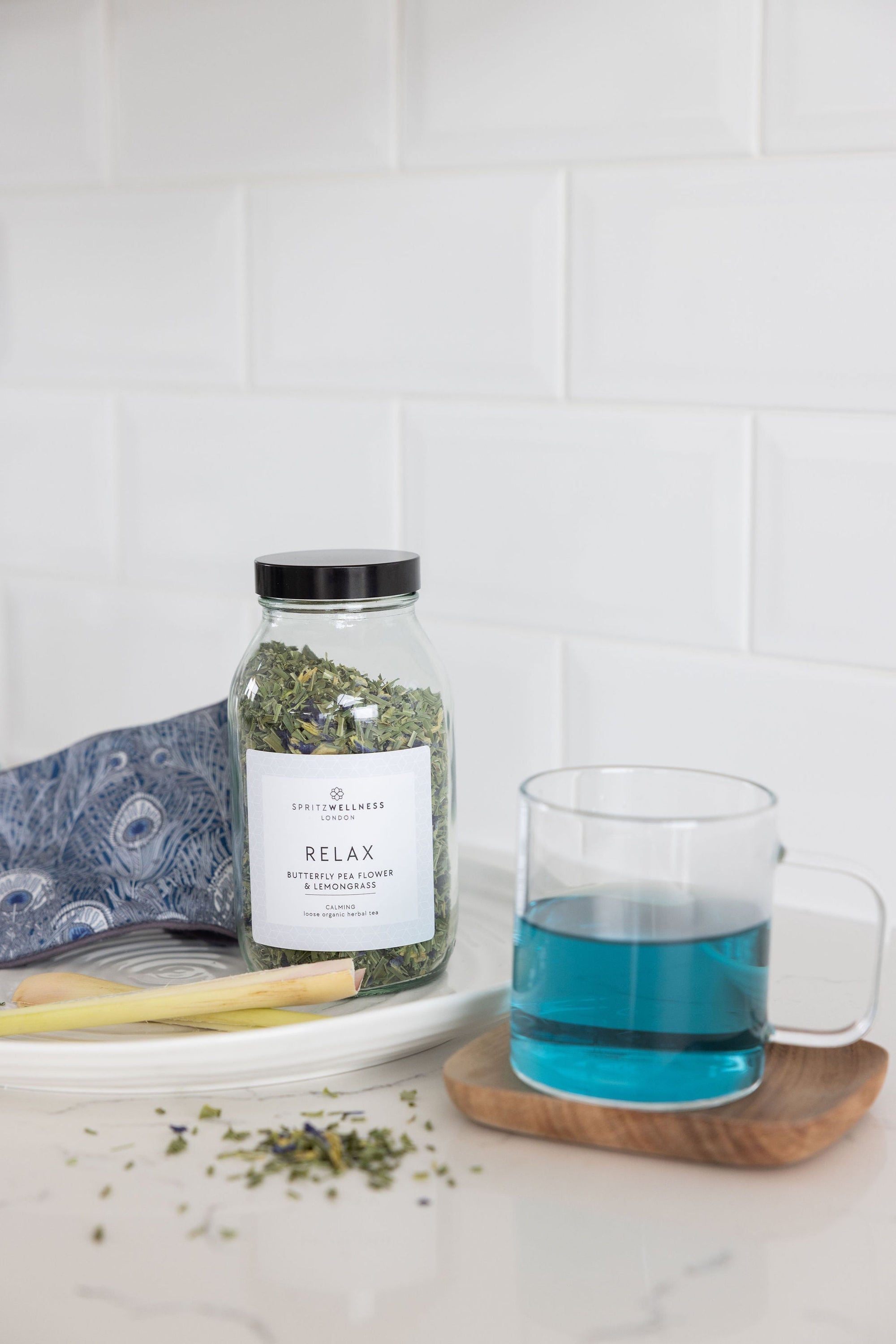spritz wellness relax herbal tea lemongrass and butterfly pea flower. blue tea. calming 