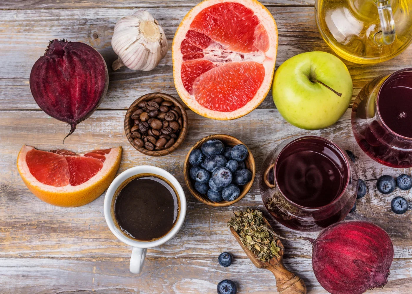 A spread of natural sleep-supporting foods and drinks