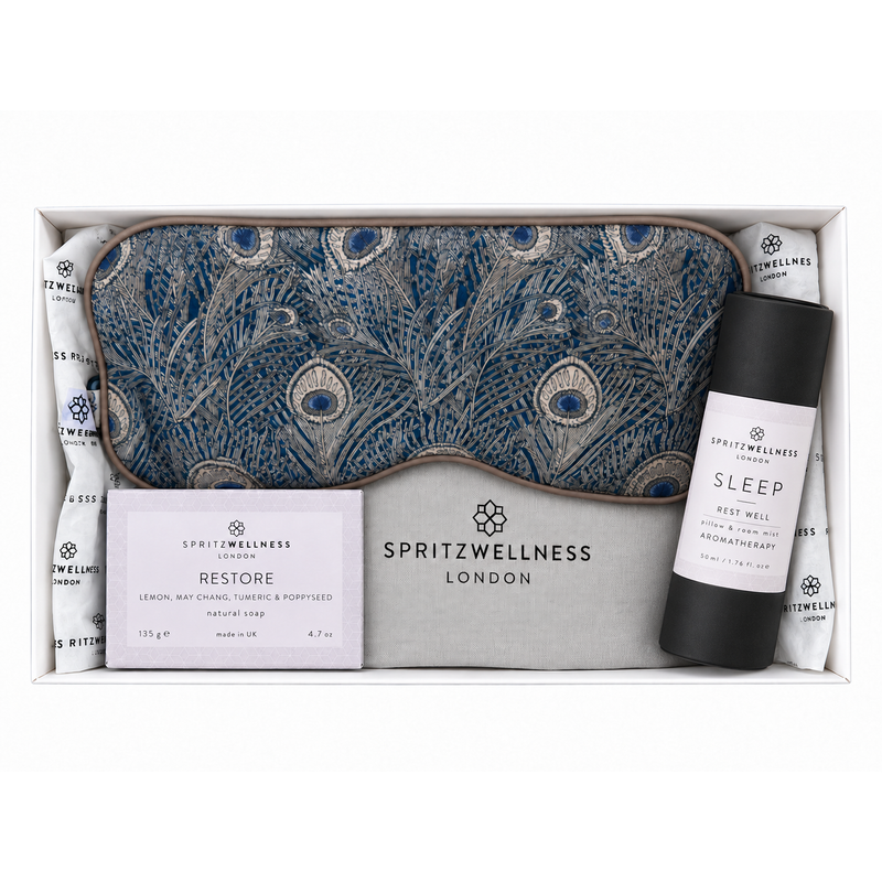 Spritz Wellness wellness gift box with Liberty print eye pillow, atmosphere mist and natural soap