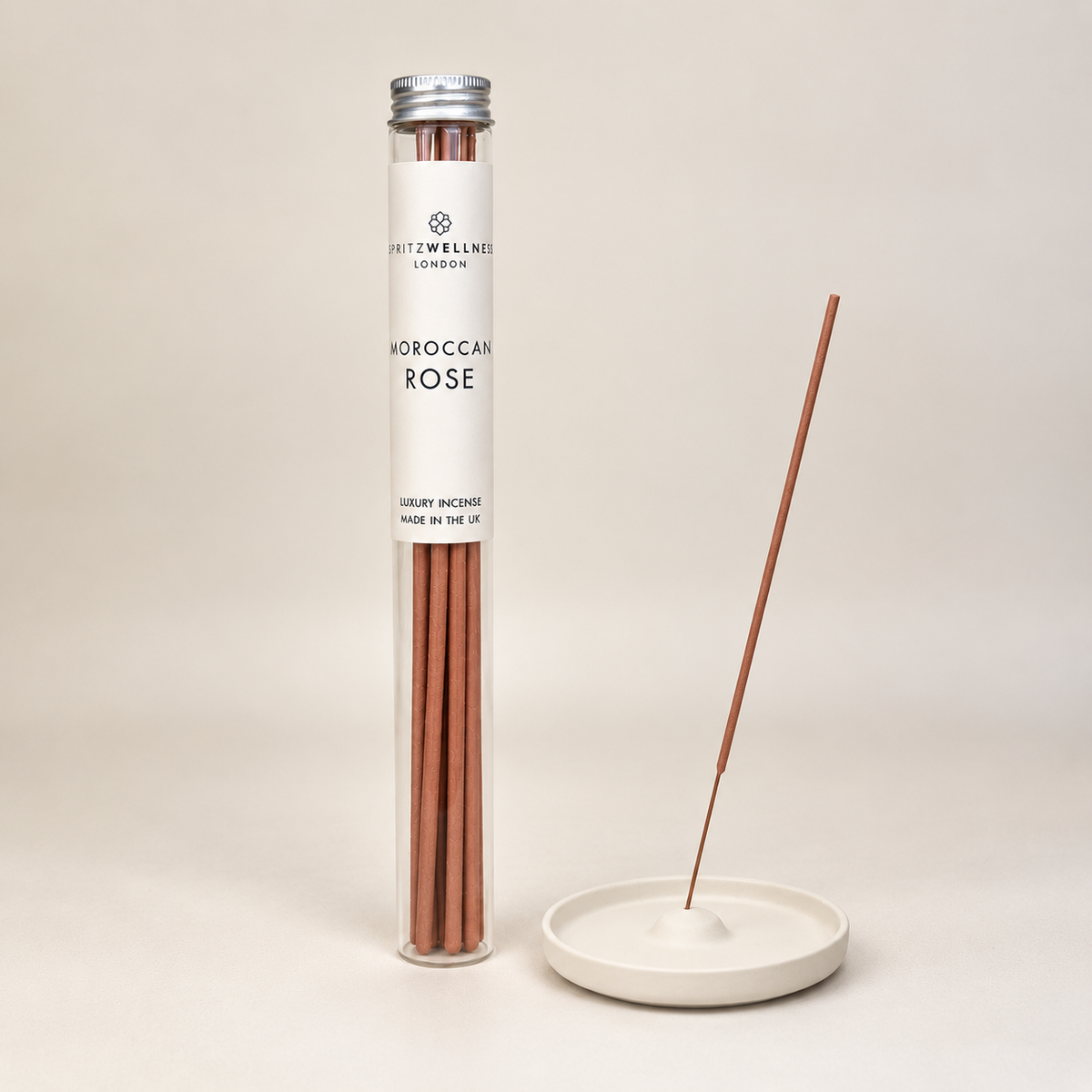 Spritz Wellness Moroccan Rose incense tube with ceramic holder