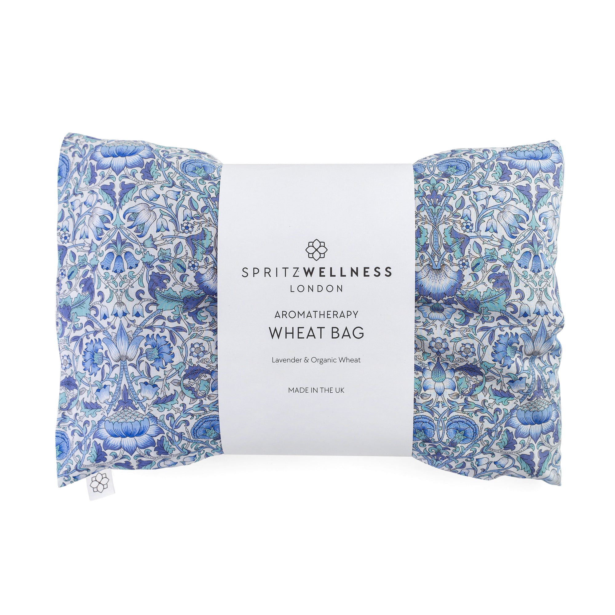 Spritz Wellness London aromatherapy Wheat Bag with blue floral pattern on a white background