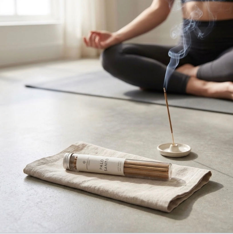 Palo Santo incense burning on a ceramic holder beside a yoga mat, Spritz Wellness