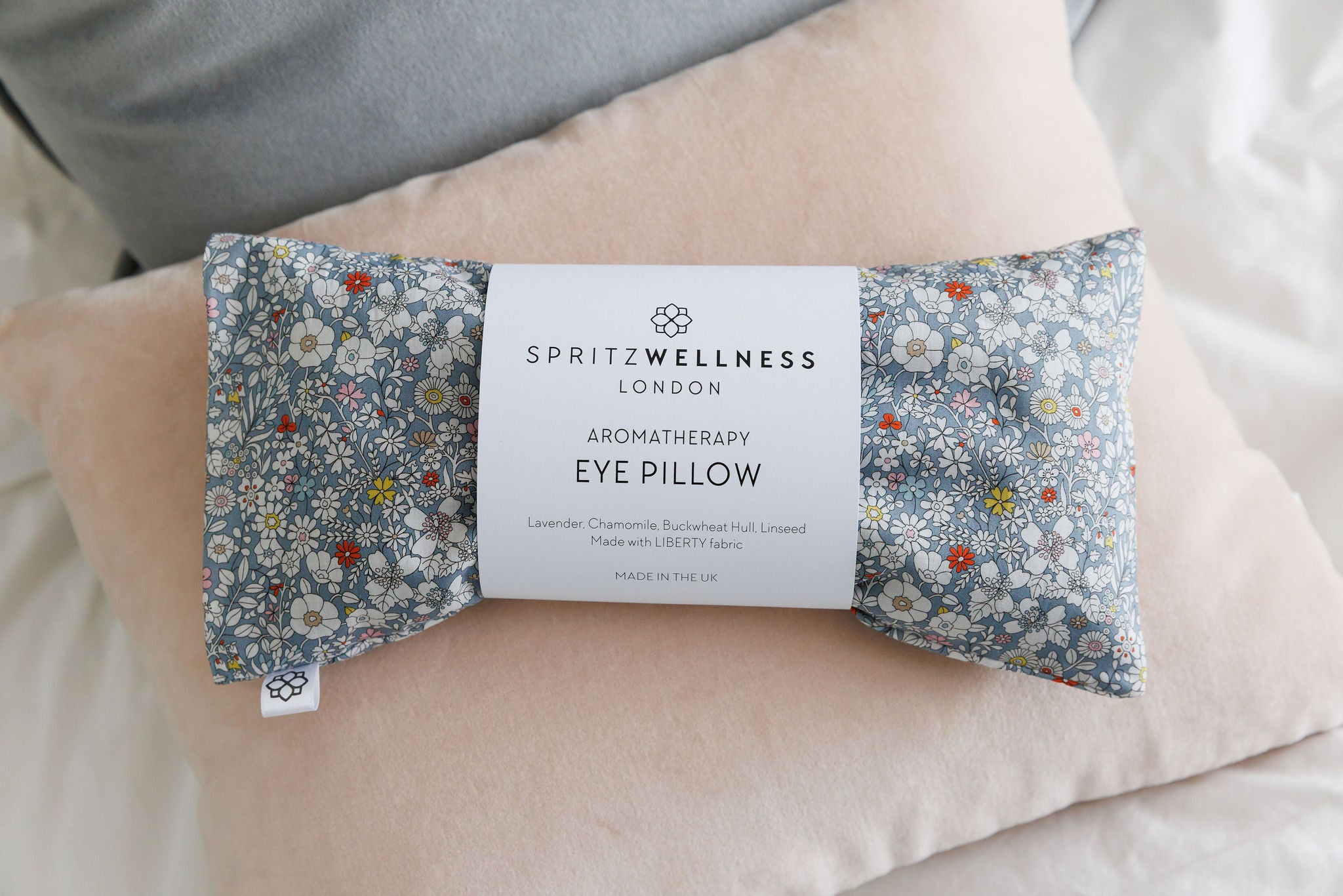 Aromatherapy Eye Pillow in grey flowers. Liberty London fabric. For yoga, sleep, relaxation, massage. Spritz Wellness London