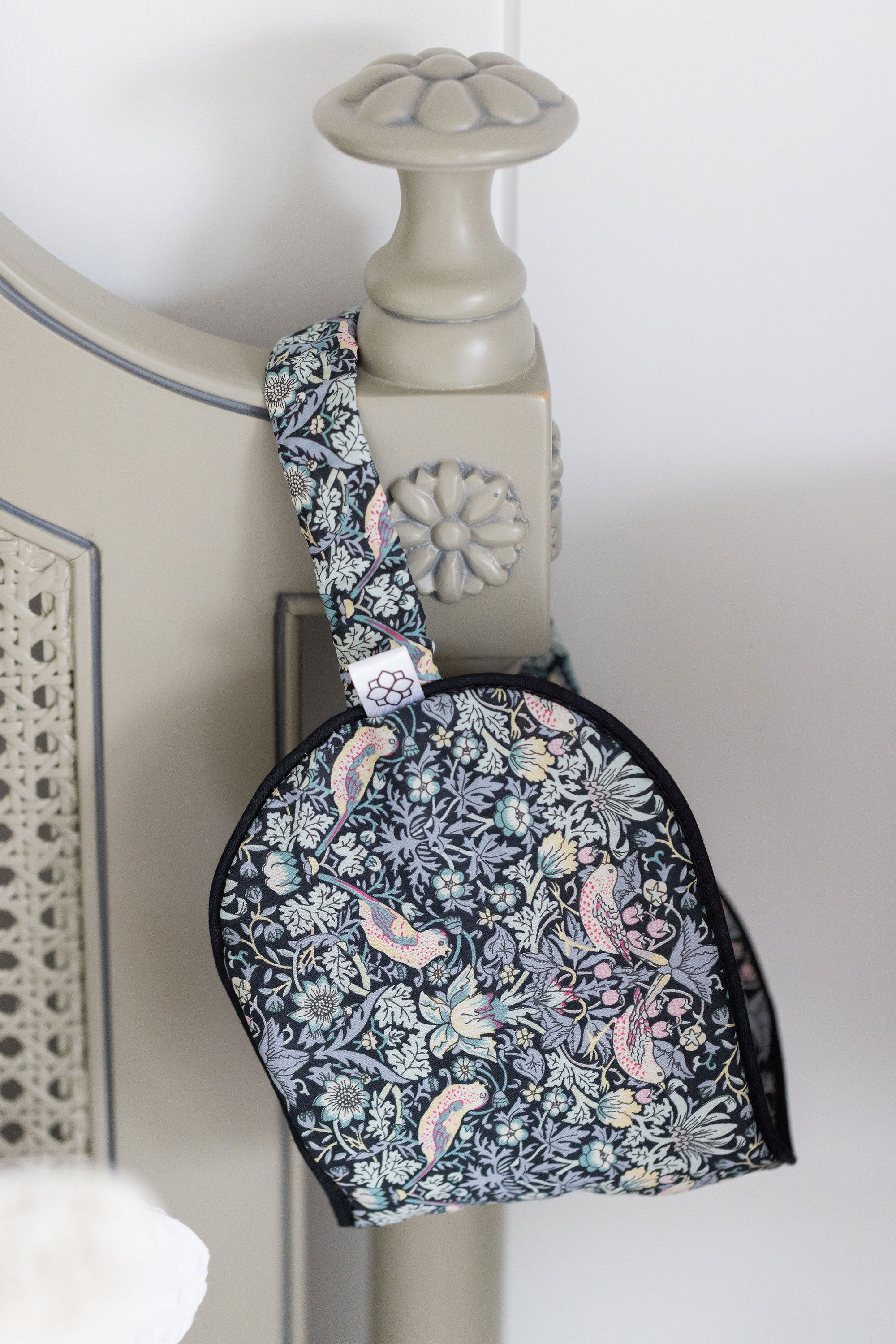 Lavender eye mask made with Liberty London Strawberry Thief grey fabric by Spritz Wellness