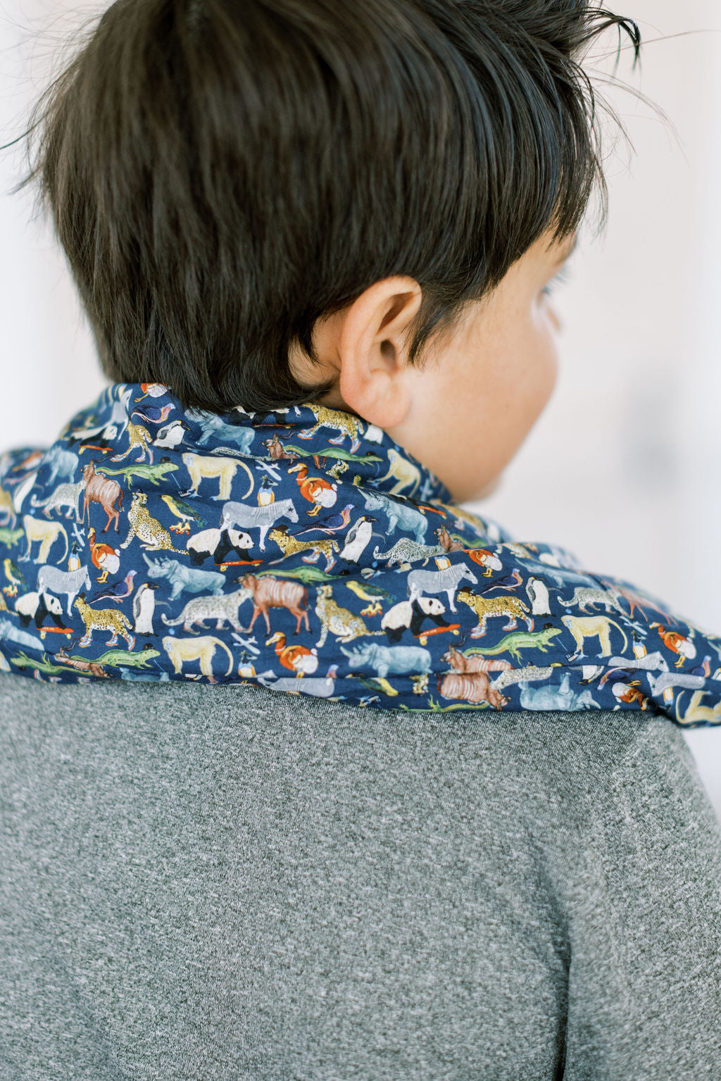 Lavender Wheat Bag, Liberty Animal Fabric, use heated or chilled, removable washable cover, with patterned cover and Spritz Wellness.