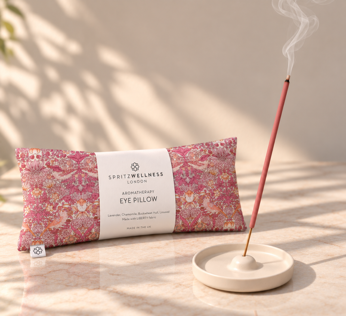 Strawberry thief pink eye pillow with Moroccan rose incense