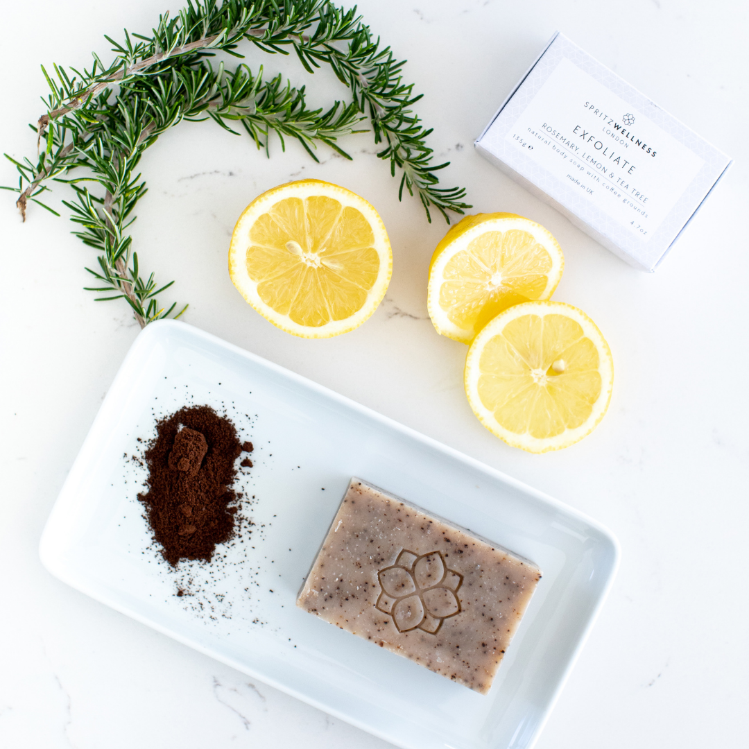 exfoliate body soap  all natural with lemon, rosemary and coffee grounds